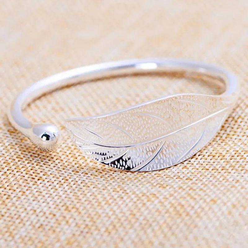 Lady Glams Beautify Open Leaf 925 Sterling Silver Cuff Bracelet