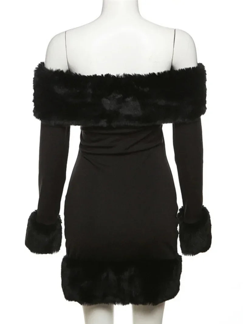 TiLeewon Lady Glams Off Shoulder Fur Patchwork Black Dress: Elegance Meets Bold Fashion