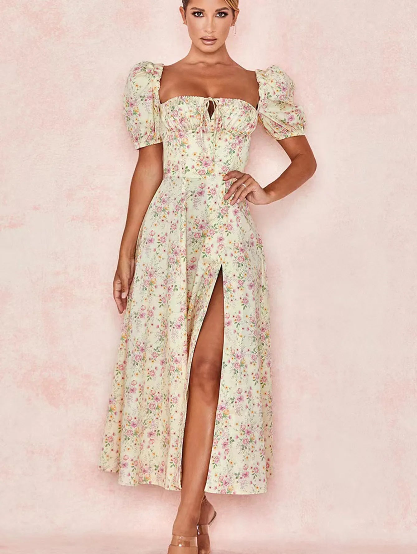 Lady Glams Elegant Sweet Fairy Midi Dress with Vintage Floral Print