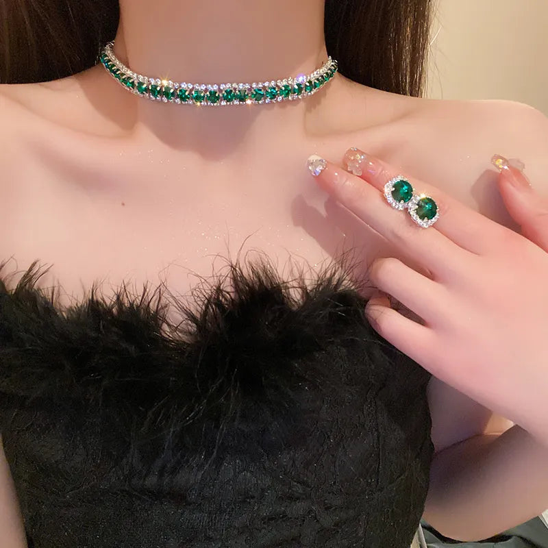 Lady Glams Luxury Necklace Earrings Set - Exquisite Green Crystal Jewelry