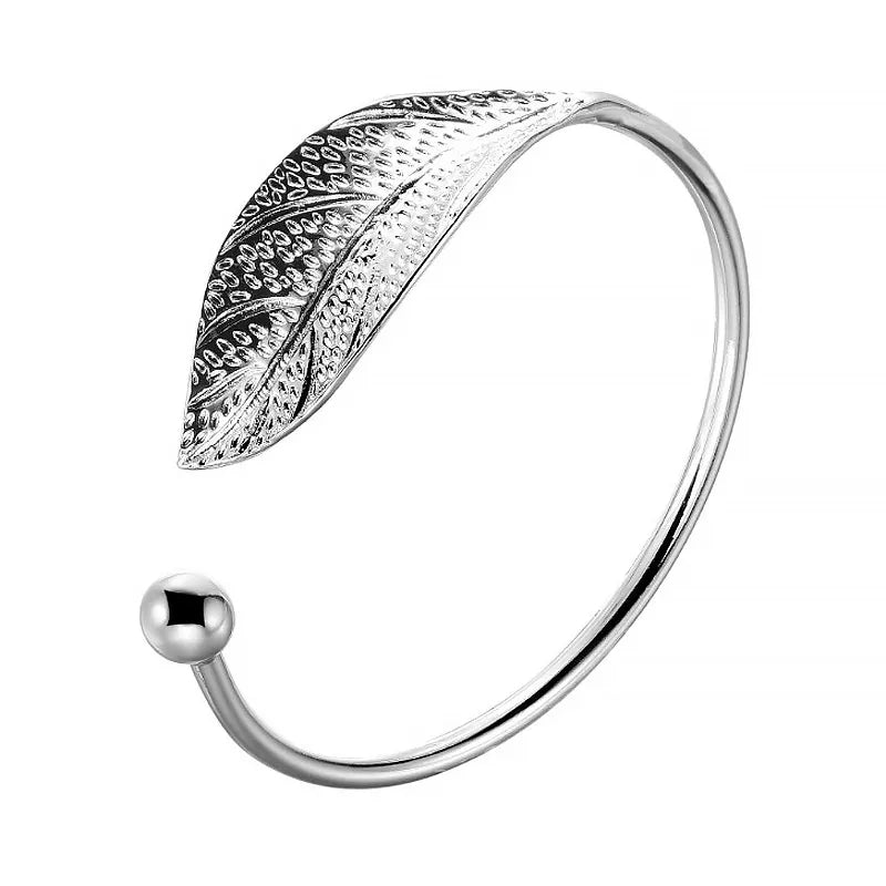 Lady Glams Beautify Open Leaf 925 Sterling Silver Cuff Bracelet
