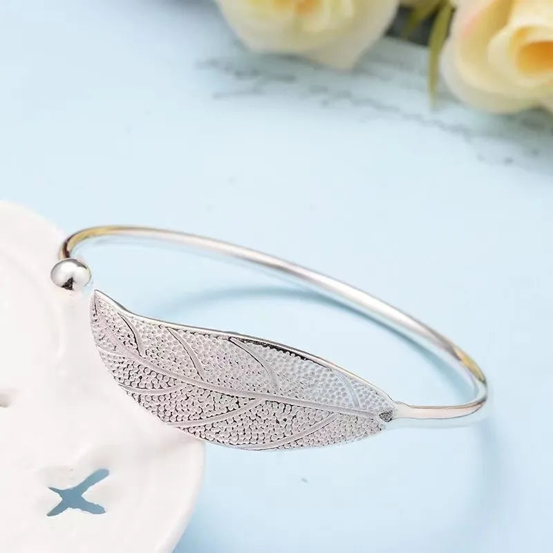 Lady Glams Beautify Open Leaf 925 Sterling Silver Cuff Bracelet
