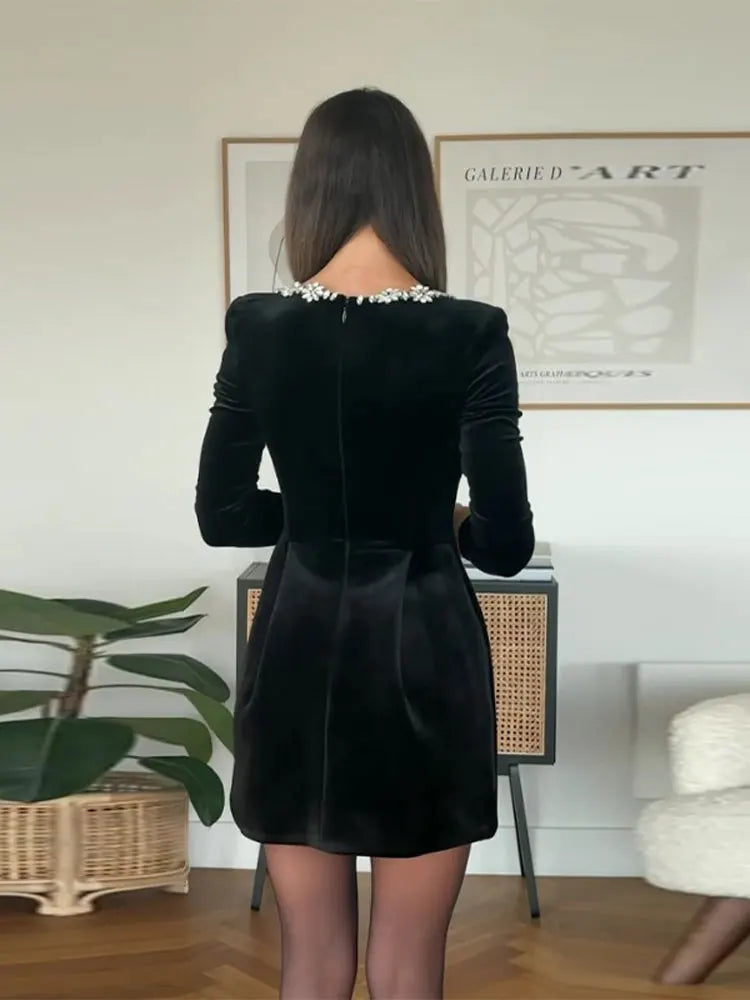 Luxe Velvet and Beads - Lady Glams Round Collar Beaded Mini Dress