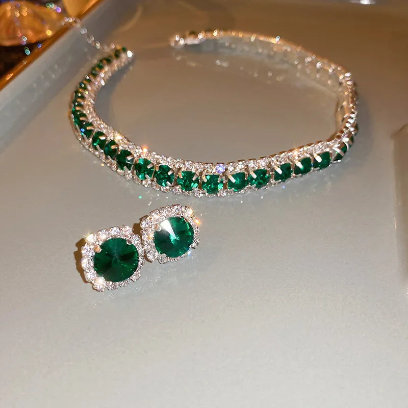 Lady Glams Luxury Necklace Earrings Set - Exquisite Green Crystal Jewelry