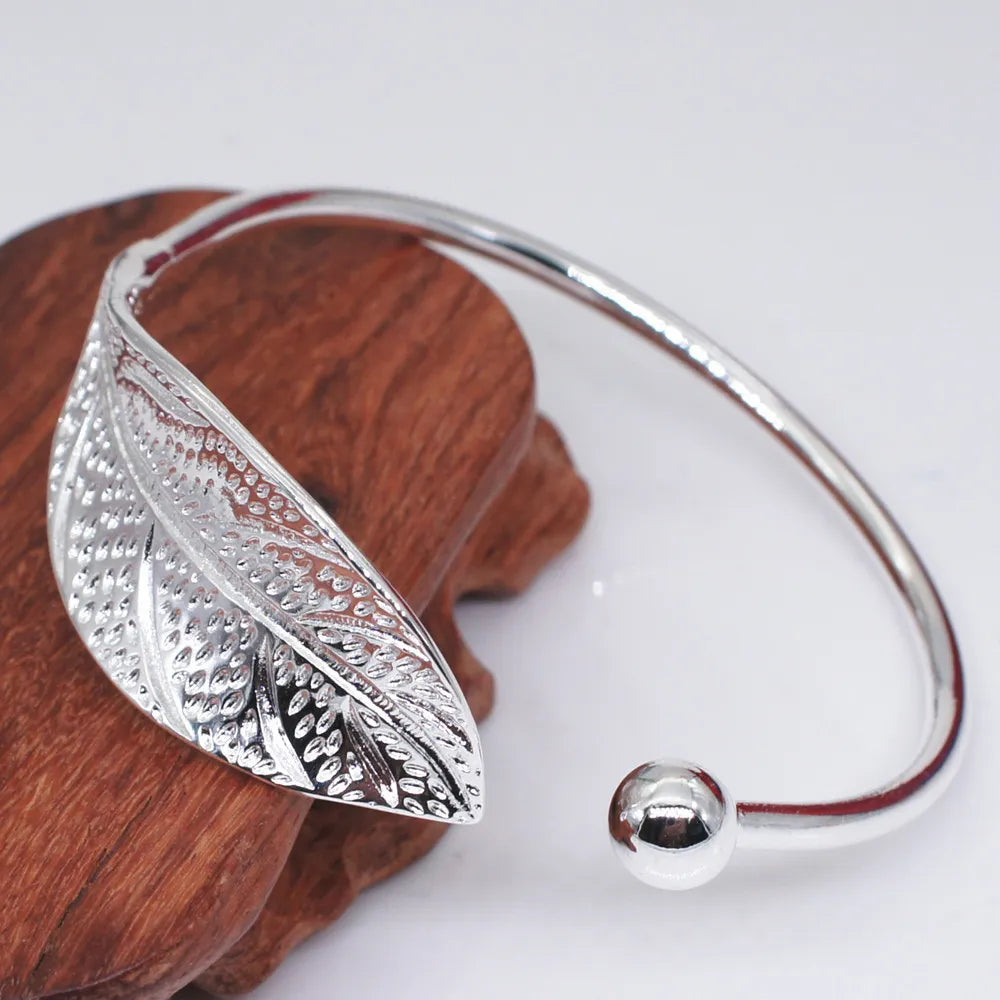 Lady Glams Beautify Open Leaf 925 Sterling Silver Cuff Bracelet