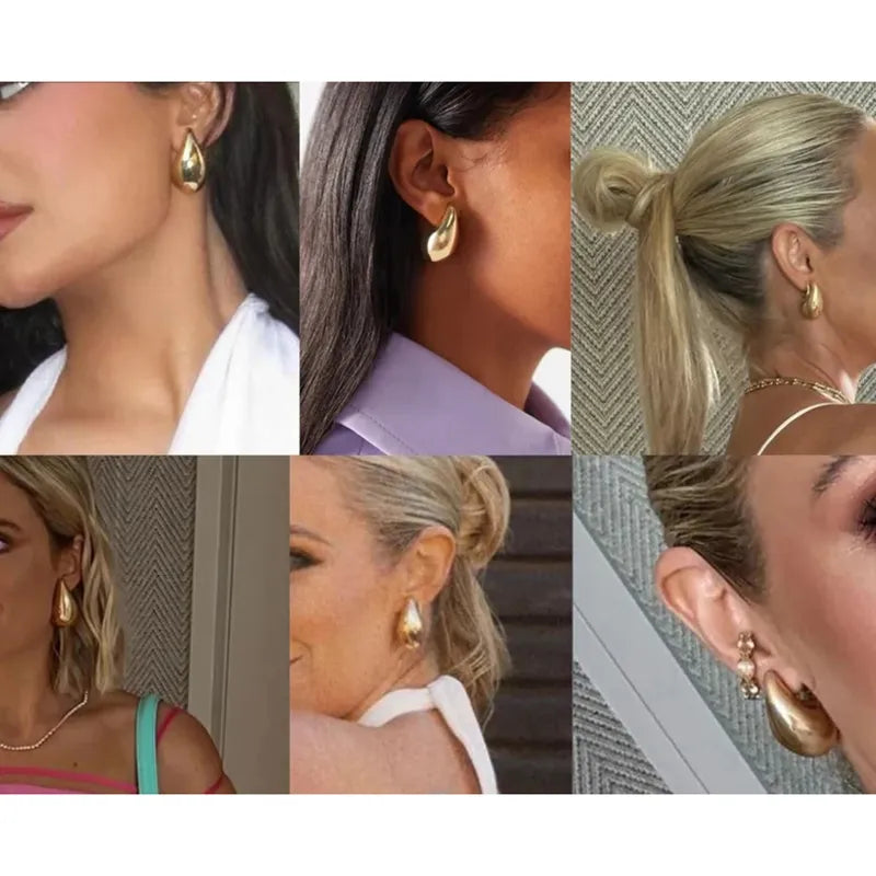 Lady glams iconic 2024 Gold Plated Glossy Stainless Steel Teardrop Earrings Dupes - Lightweight Hoops