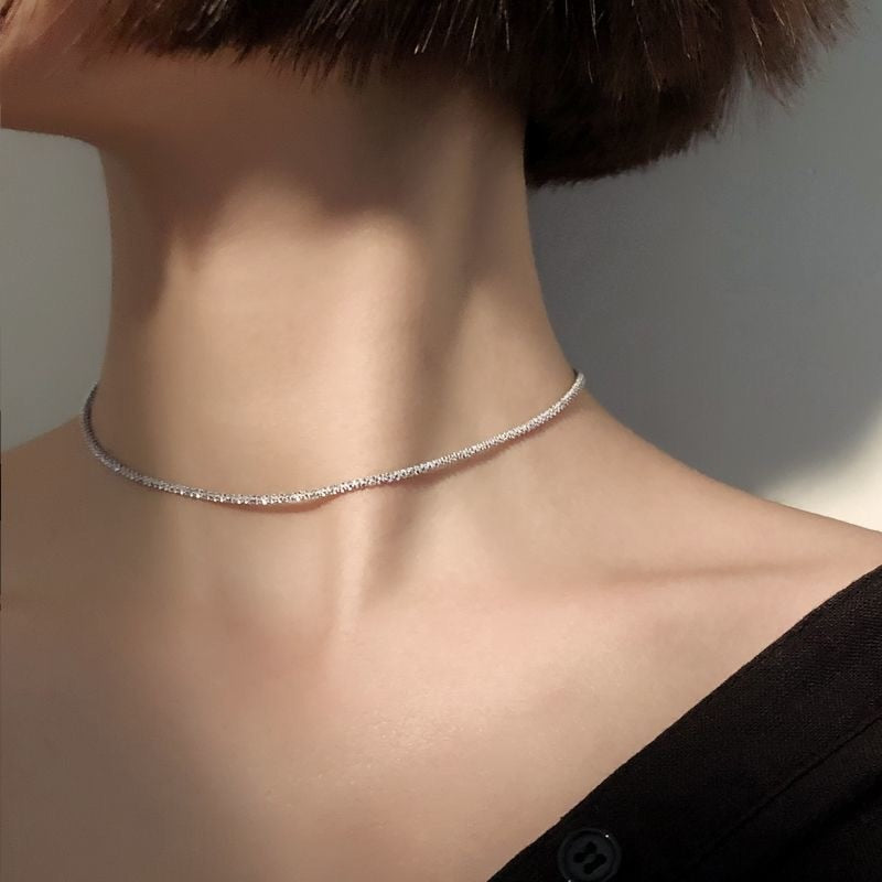 Lady glams 2024 Popular Silver Colour Sparkling Clavicle Chain Choker Necklace Collar For Women