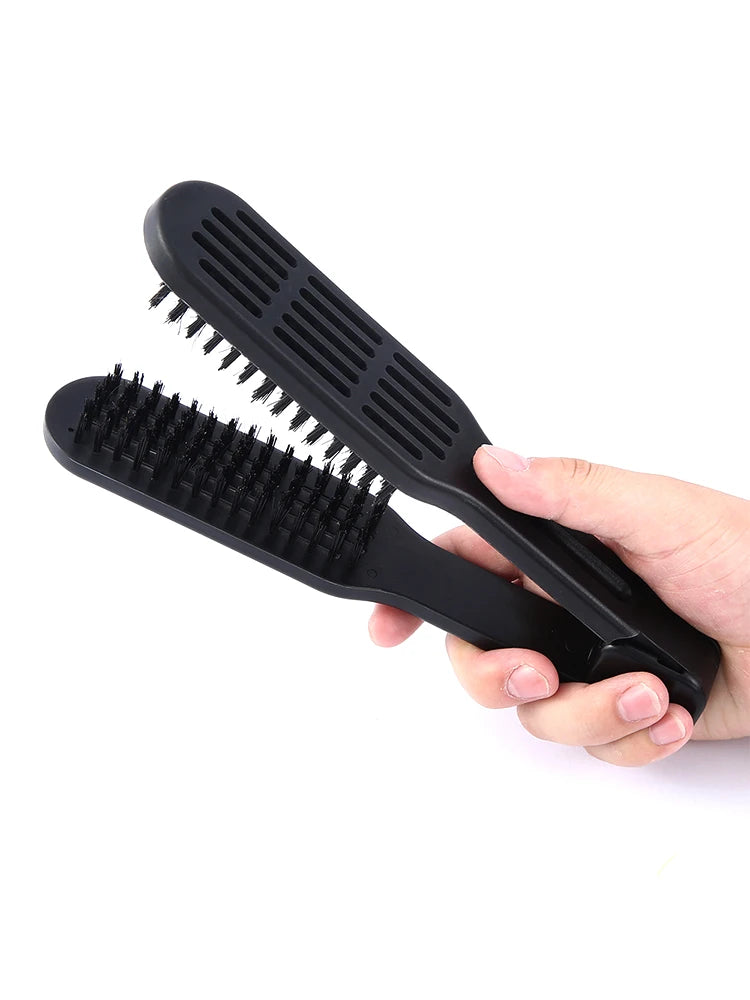 Lady Glams Pro Hairdressing Straightener Hairbrush with Nylon Hair Straightening Double Brushes V Shape Comb Clamp.