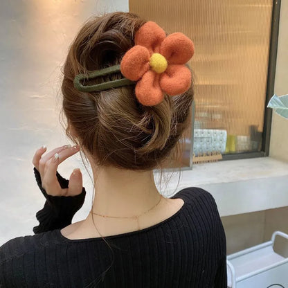 AWAYTR Autumn Winter Plush Flower Hair Claw: Chic Duckbill Clip for Effortless Style