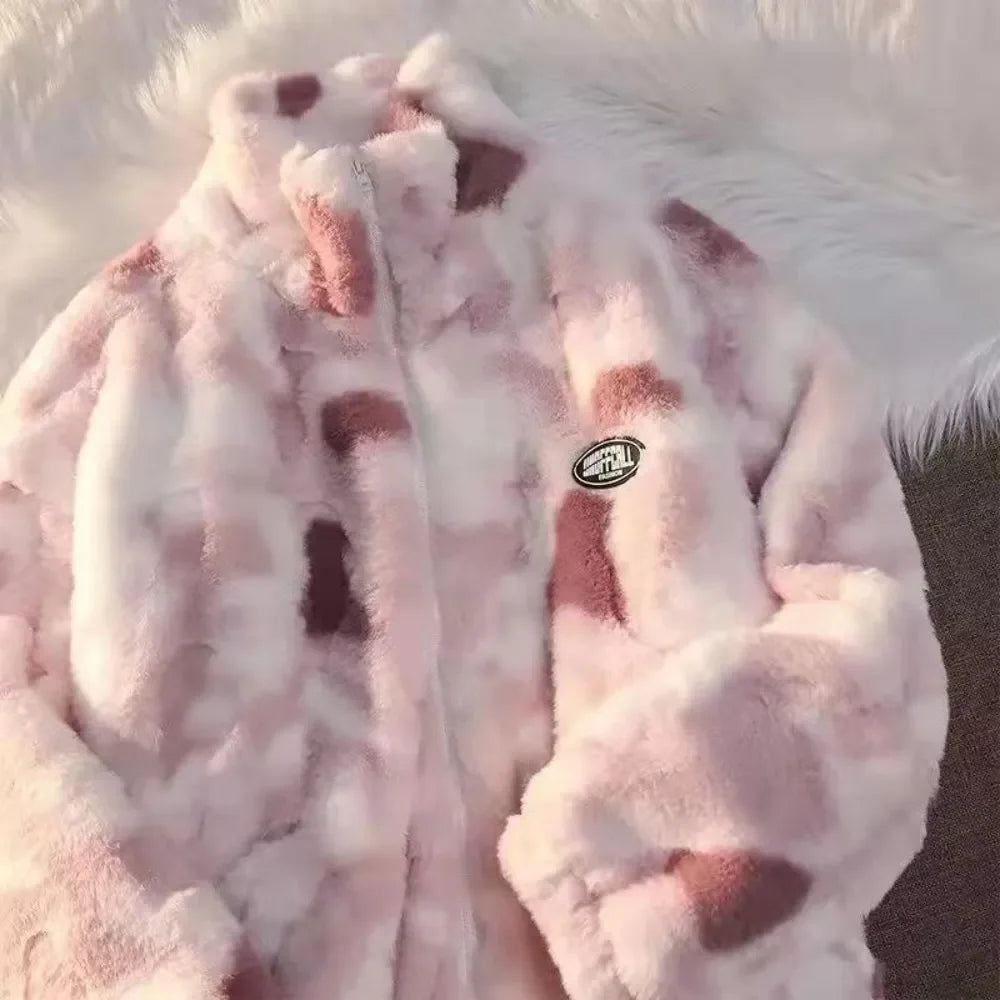 Lady Glams - Tie Dye Lamb Fleece Jacket: Stay Cozy and Stylish in Autumn and Winter