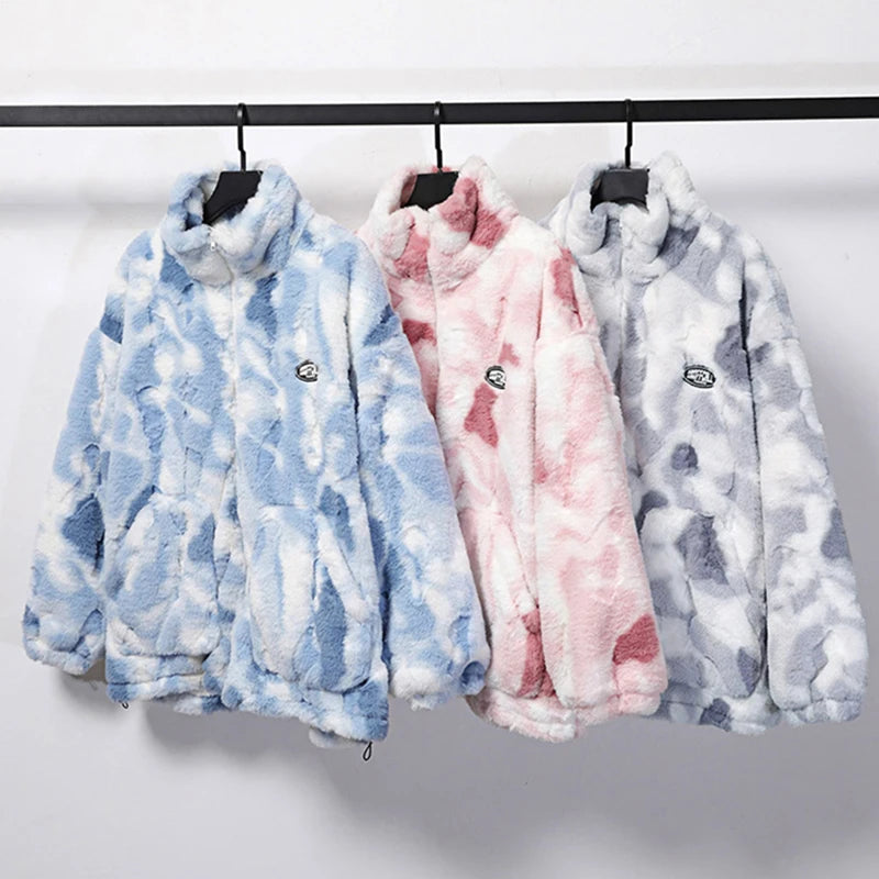 Lady Glams - Tie Dye Lamb Fleece Jacket: Stay Cozy and Stylish in Autumn and Winter