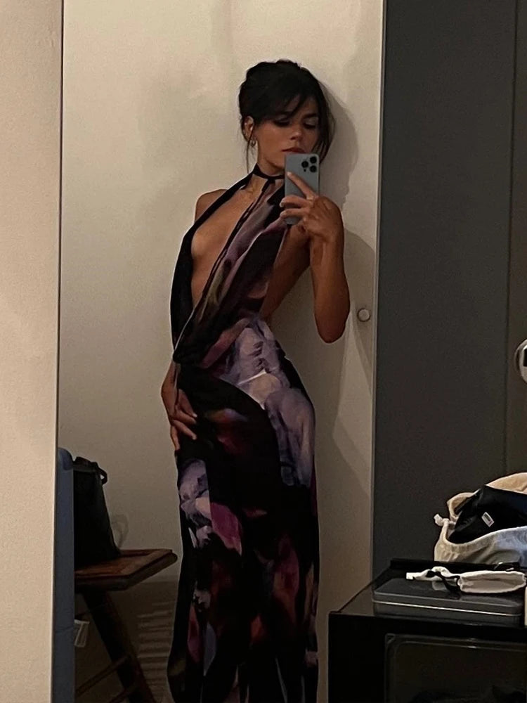 Alinemyer Backless Maxi Dress: Women’s Sexy Purple Print Halter Bodycon Summer Beach Outfit and Elegant Sleeveless Club Party Dress