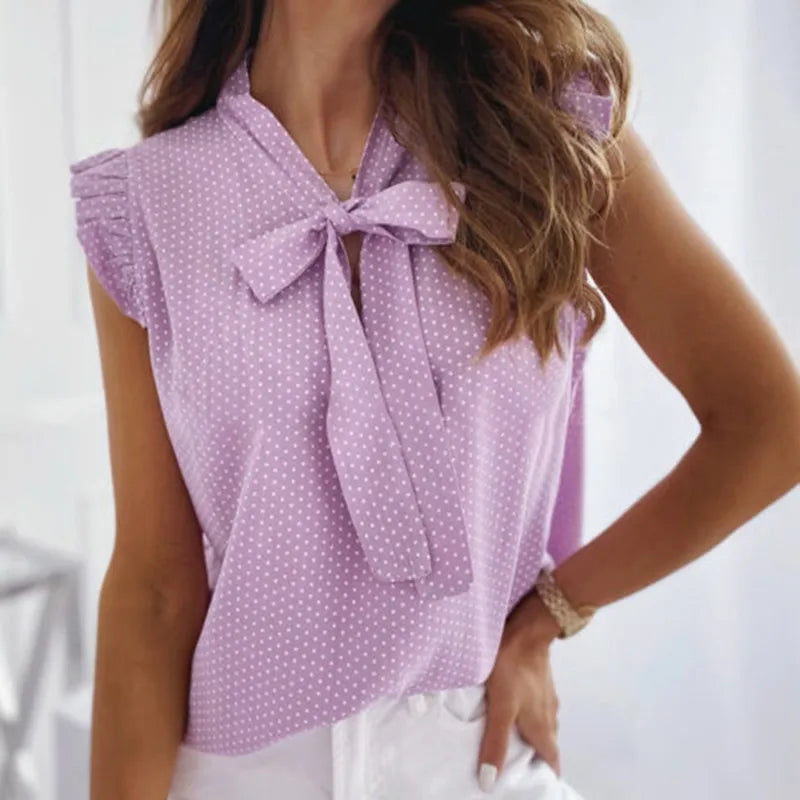 INSTYLISH - Casual Ruffled Sleeveless Polka Dot Blouse for Women: Playful Elegance