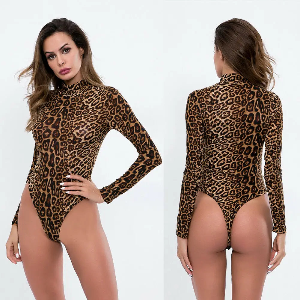 Lady Glams Chic Leopard Print Turtleneck Bodysuit - Perfect for Fall and Autumn