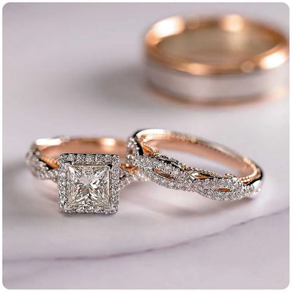 Huitan’s Elegant Princess Cut Cubic Zircon Bridal Set Ring