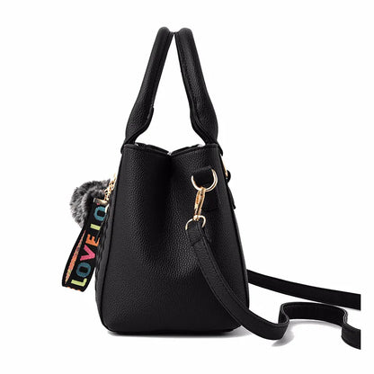 Lady Glams Embroidery Messenger Bag - Women’s Leather Handbag with Hair Ball Detail