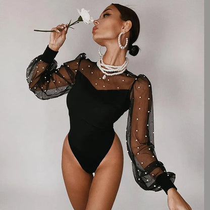 Lady Glams Spring Sexy Mesh Patchwork Bodysuit - Elegant and Fashionable