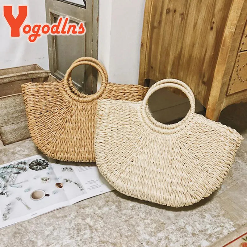 Yogodlns New Fashion MOON Straw Handbags - Embrace Vintage Elegance with Handmade Rattan Craftsmanship