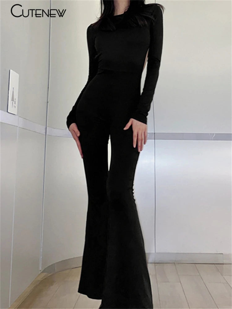 Cutenew Solid Black Sexy Backless Bodycon Wide Leg Jumpsuit: A Streetwear Statement