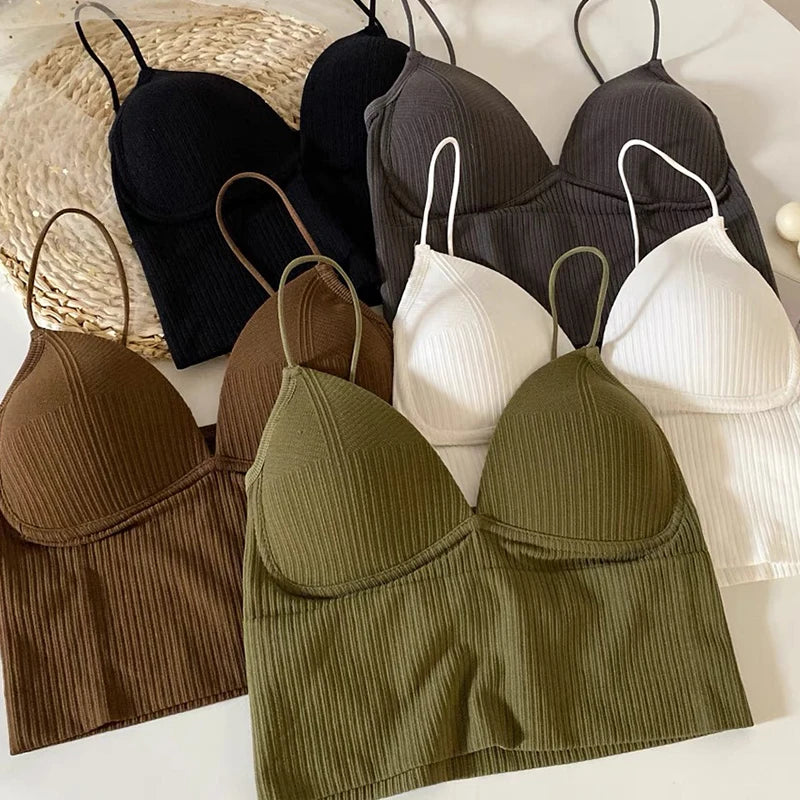 Lady Glams V-Neck Camisole Women Sexy Stretch Push Up Bra with Chest Pads Knitted Crop Top for Female Short Tube Top Tops Bralette