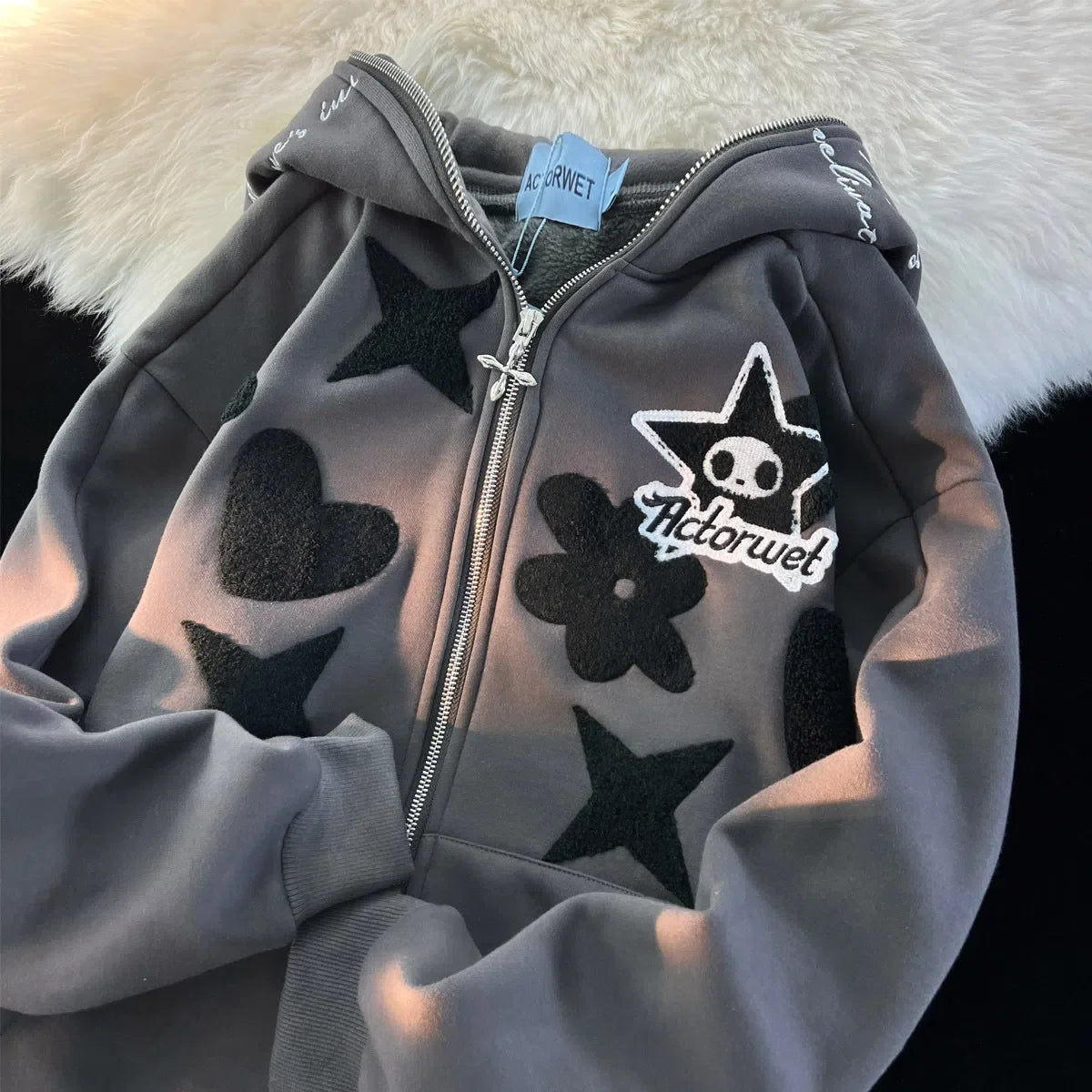 Lady Glams Embroidered Star Print Zip-Up Hoodie: Elevate Your Streetwear