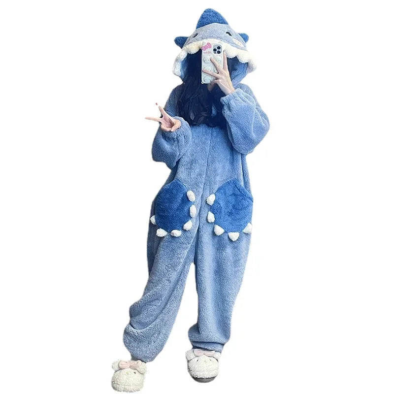 Lady Glams Cartoon Cute Shark Hooded Sleepwear Set: Cozy Christmas Loungewear