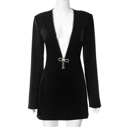 Lady Glams Elegant Deep V Long Sleeve Mini Dress - Embrace Timeless Sophistication