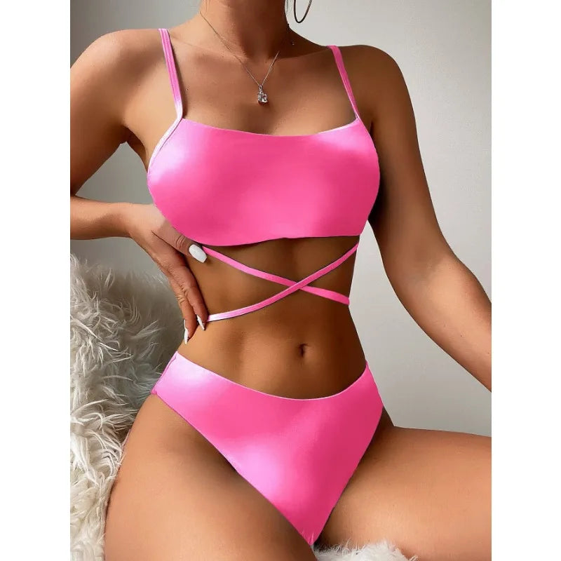 Women’s Tie Dyed Split Bikini Sexy Hip Lifting Mesh Gradient Beach Three Piece Set Cross Swimwear Girl