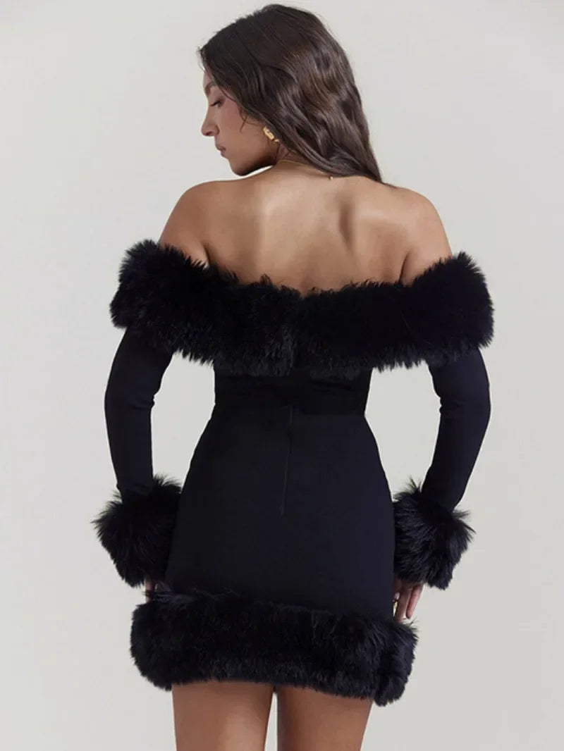 TiLeewon Lady Glams Off Shoulder Fur Patchwork Schwarzes Kleid: Eleganz trifft auf gewagte Mode