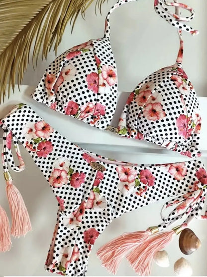 Damen Triangel-Bikini mit Blumenmuster, String-Bikini-Set, zweiteiliger Badeanzug, Badeanzüge