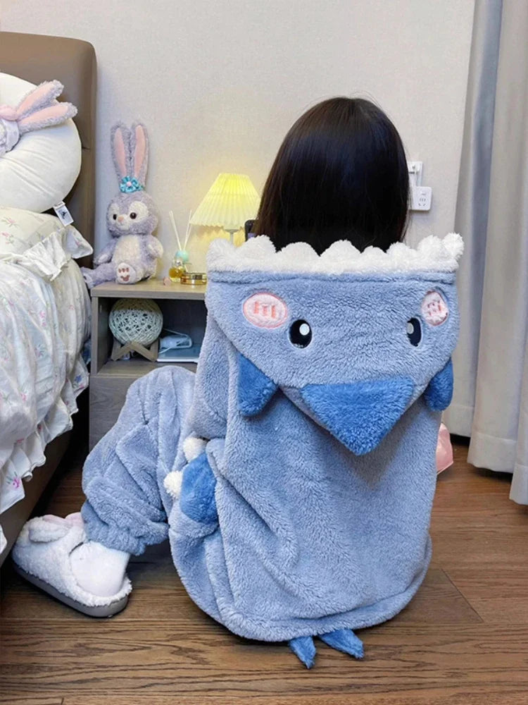 Lady Glams Cartoon Cute Shark Hooded Sleepwear Set: Cozy Christmas Loungewear