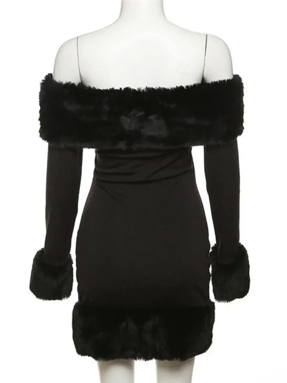 TiLeewon Lady Glams Off Shoulder Fur Patchwork Schwarzes Kleid: Eleganz trifft auf gewagte Mode