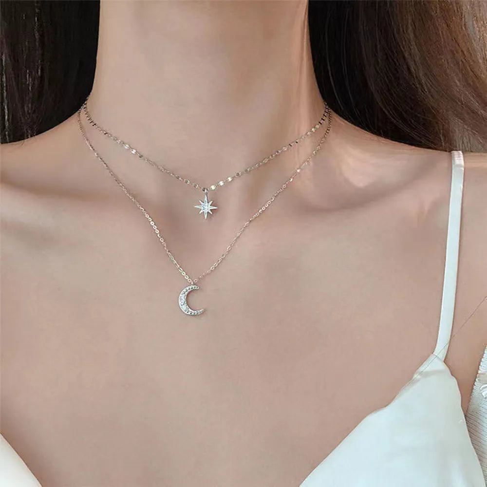 SUMENG 2024 Double Layer Star Moon Charm Necklace: Multilayered Delicate Clavicle Chain for Women