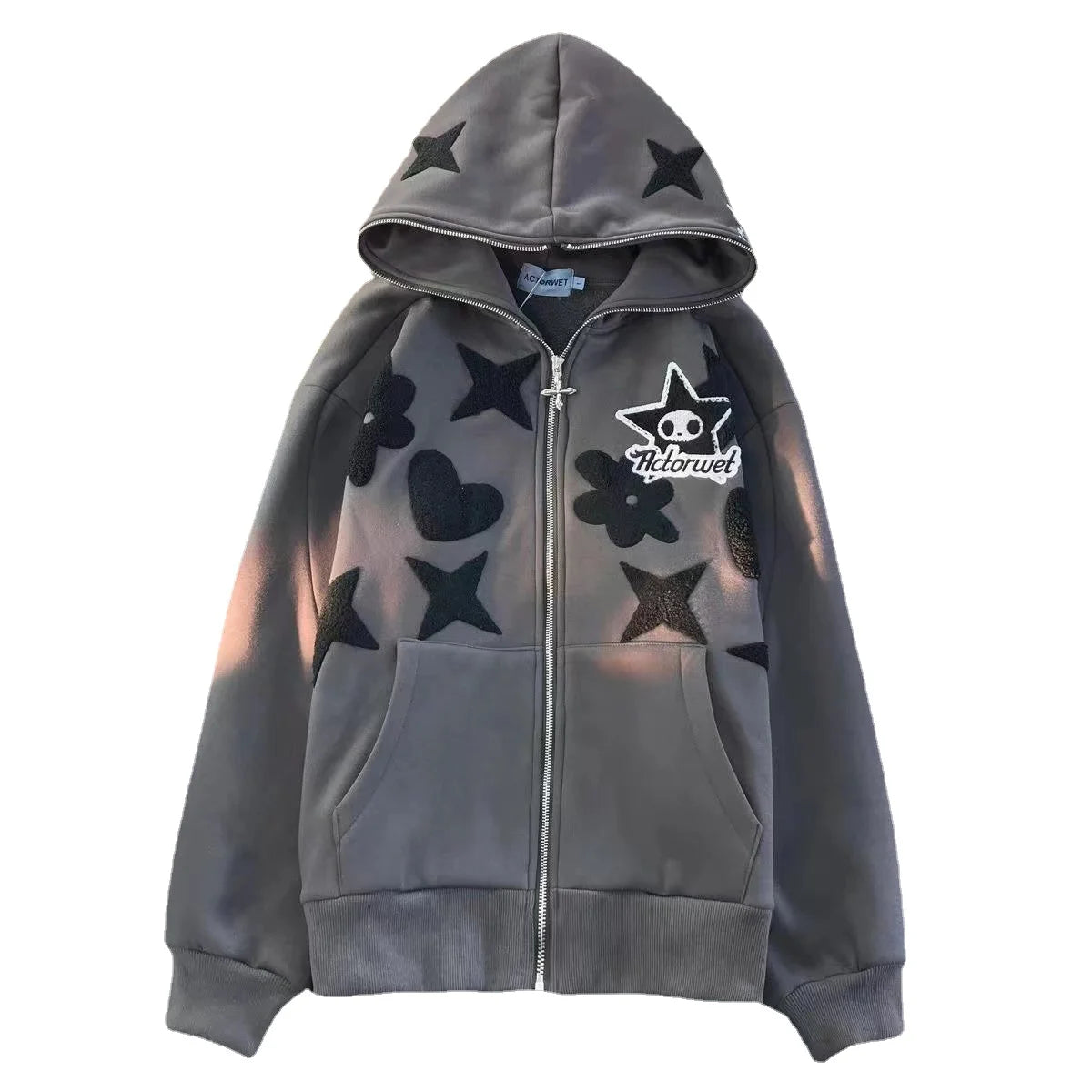 Lady Glams Embroidered Star Print Zip-Up Hoodie: Elevate Your Streetwear