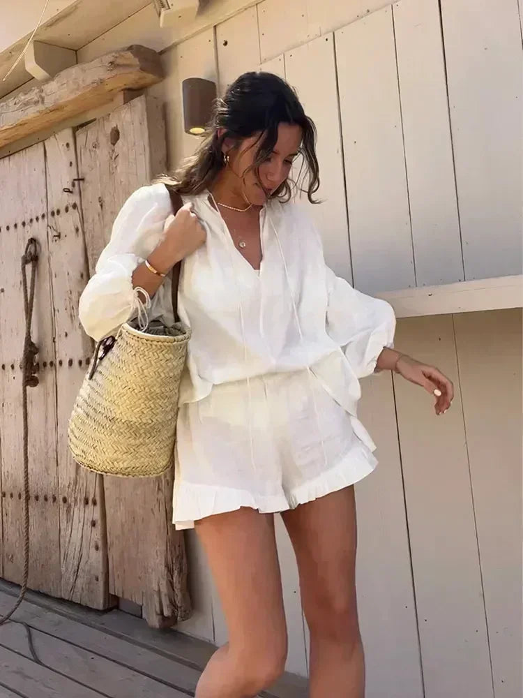 White Linen Ruffles Shorts Set for Women - Fashionable Casual V-Neck Puff Sleeve Shirt Suit 2024 Summer New Female Vacation Outfits