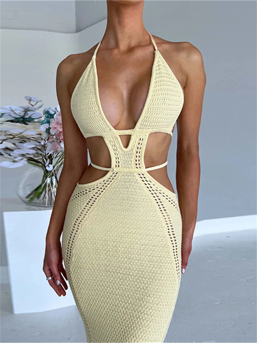 Women’s Halter Tie-up Knit Crochet Beach Dress: Sexy Backless Sleeveless Deep V Cutout Waist Wrapped Bodycon Dress for Spring/Summer