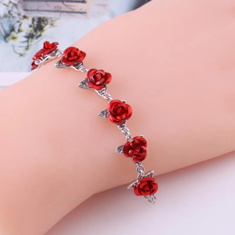 Lady Glams Romantic Adjustable Red Rose Link Chain Bracelet - Fashion Valentine Gift for Women