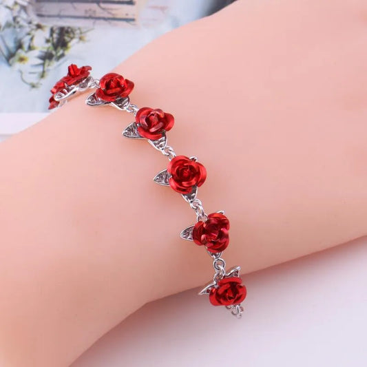 Lady Glams Romantisches verstellbares Gliederkettenarmband mit roter Rose – modisches Valentinstagsgeschenk für Frauen