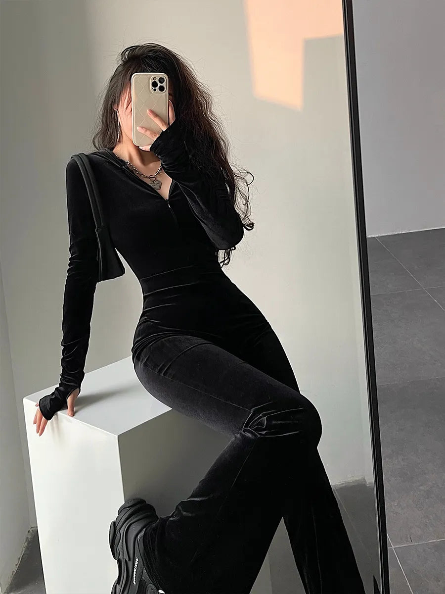 Lady Glams Fashion Black Velvet Slim Flare Pants Jumpsuit