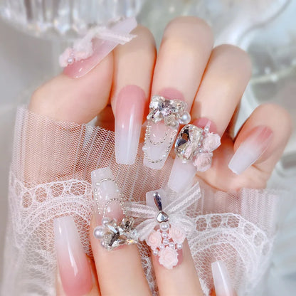 Blush Pink False Nails | Bowknot Diamond Pearl 3D Design | Press On Nail Tips with Harmless Smooth Edge | Women DIY Fake Nails | Lady Glams