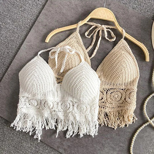 Sexy Boho Strandurlaub Camisole Neckholder Damen Häkelstrick Badeanzug BH Rückenfreie Weste Hohl Quaste Tank Top - Lady Glamour Sommer Strandmode