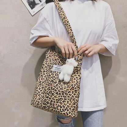 Lady Glams Big Casual Leopard Print Canvas Tote Bag