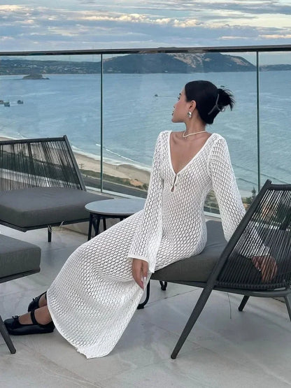 Tossy White Knit Fashion Cover up Maxi Dress Female See-Through V-Neck Hollow Out Beach Holiday Dress Knitwear Backless Dress