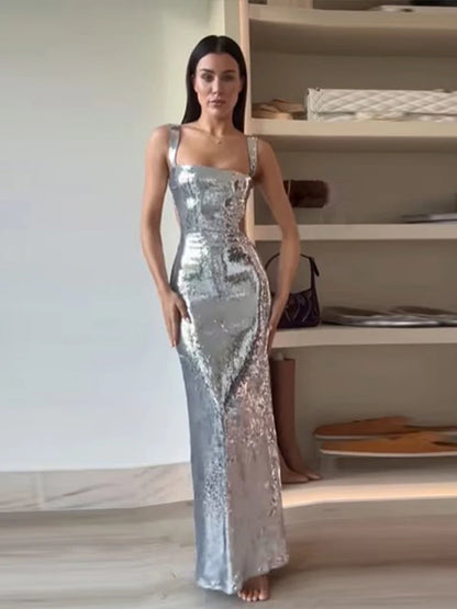 Radiant Elegance in Silver - Lady Glams Sexy Sling Backless Maxi Dress