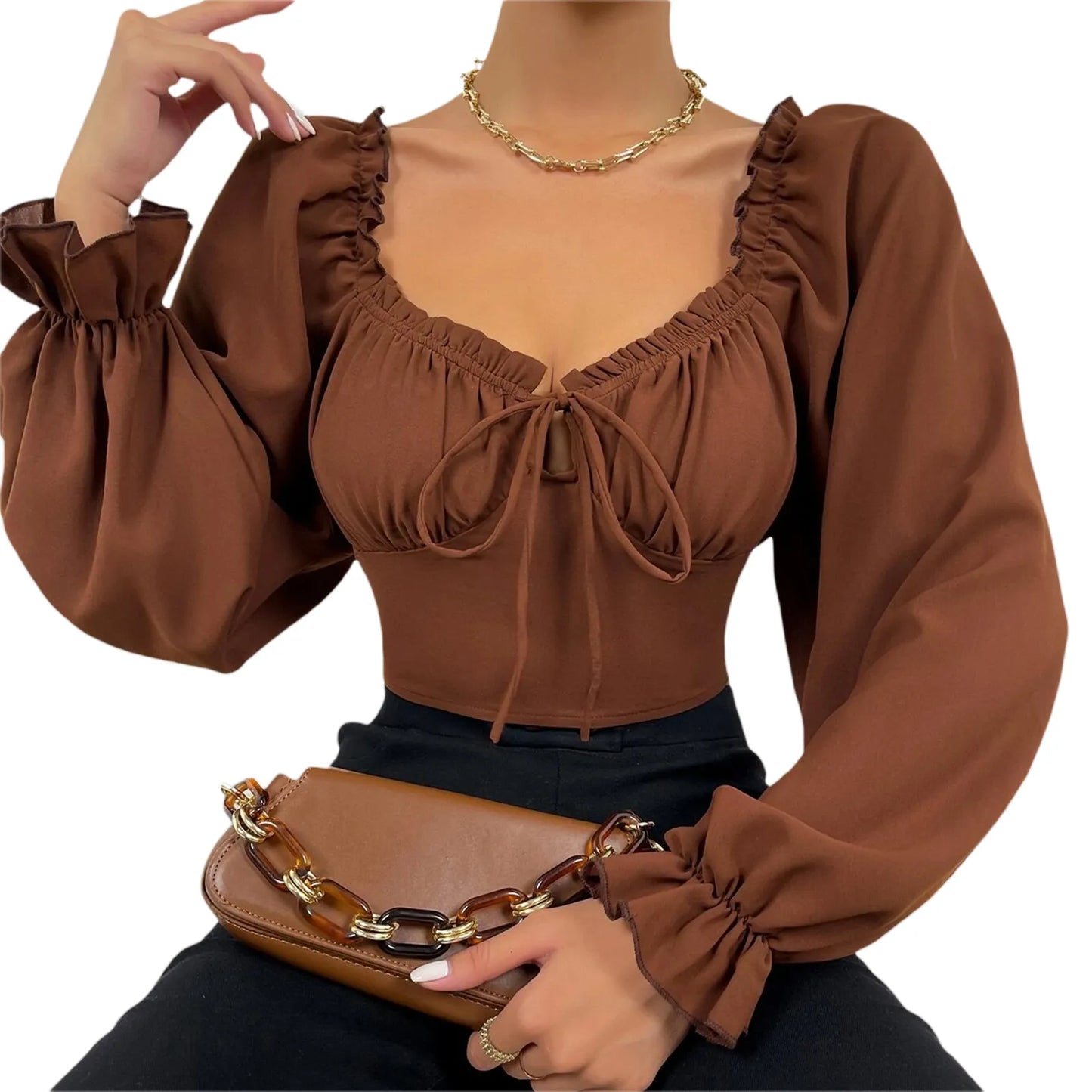 Goocheer Women’s Ruffled Drawstring Blouse - Casual Broadcloth Polyester Top