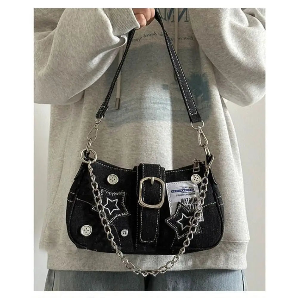 Lady Glams Fashion Denim Stars Pattern Handbag - A Cool Y2K Underarm Bag for Women