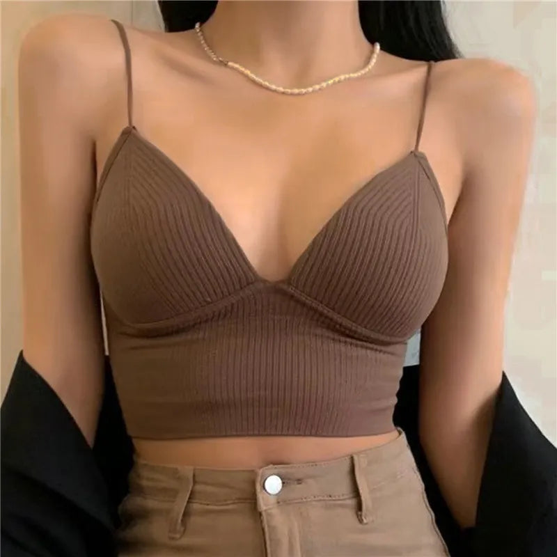 Lady Glams V-Neck Camisole Women Sexy Stretch Push Up Bra with Chest Pads Knitted Crop Top for Female Short Tube Top Tops Bralette