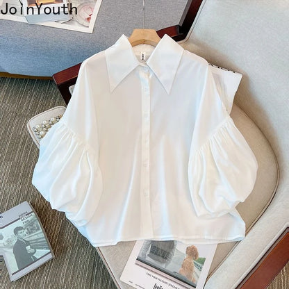 JoinYouth Vintage Chiffon Loose White Shirts - Embrace Effortless Summer Style with Short Sleeves