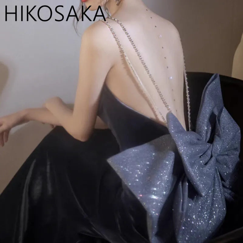 HIKOSAKA Haze Blue Velvet Mermaid Evening Dress - Allure of the Night