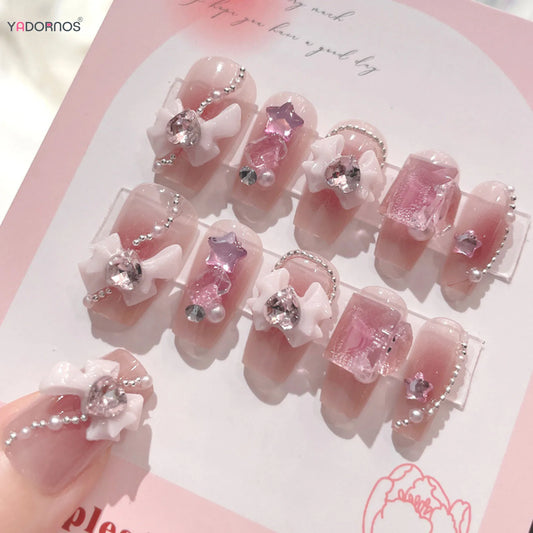 Blush Pink False Nails | Bowknot Diamond Pearl 3D Design | Press On Nail Tips with Harmless Smooth Edge | Women DIY Fake Nails | Lady Glams